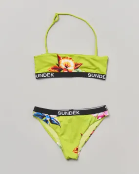 Green Floral Strapless Bikini with Black Elastic Band and Jacquard Logo Print 8-14 years